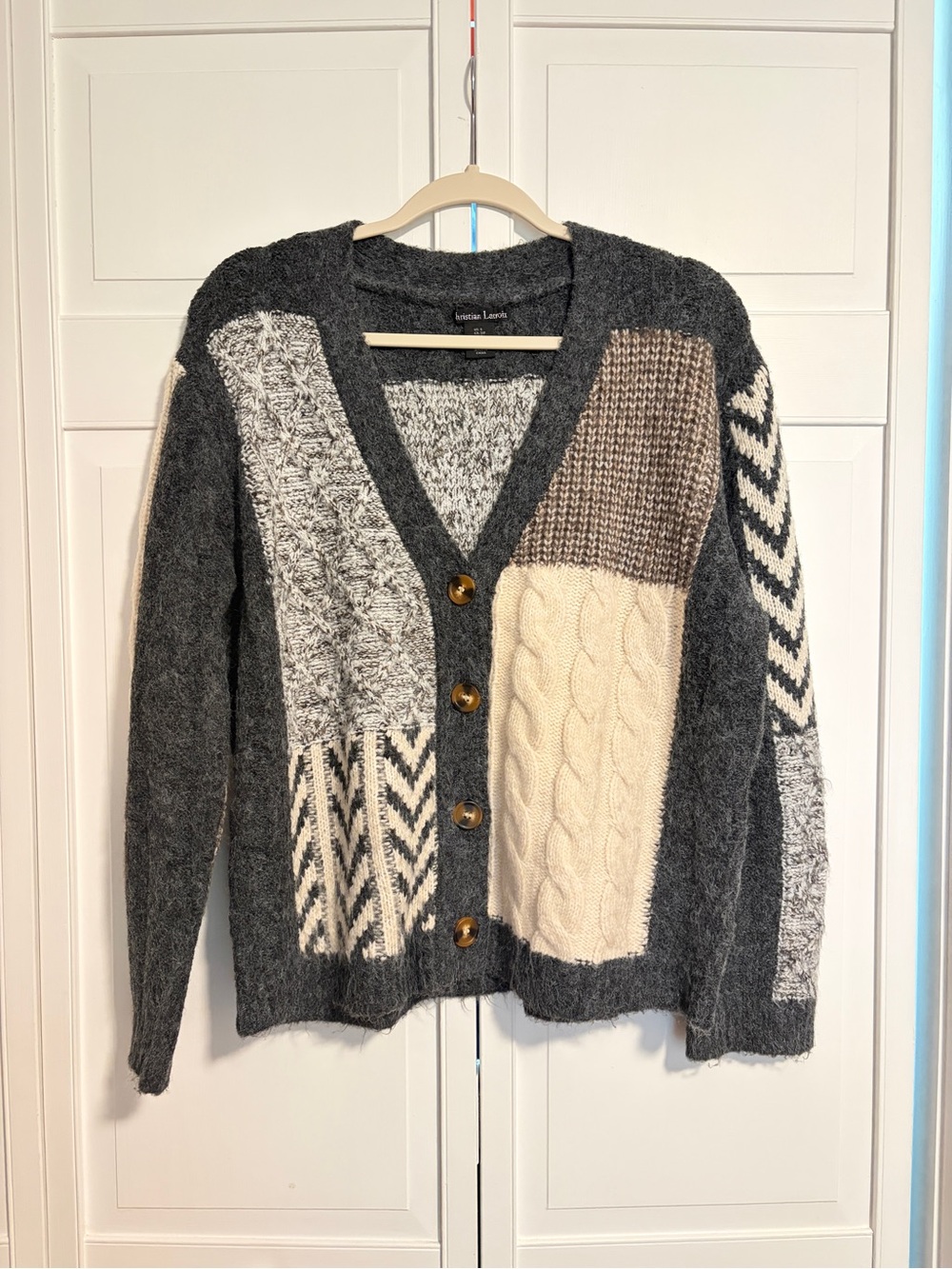 NWOT Christian Lacroix Gray & Cream Patchwork Cable Knit Cardigan